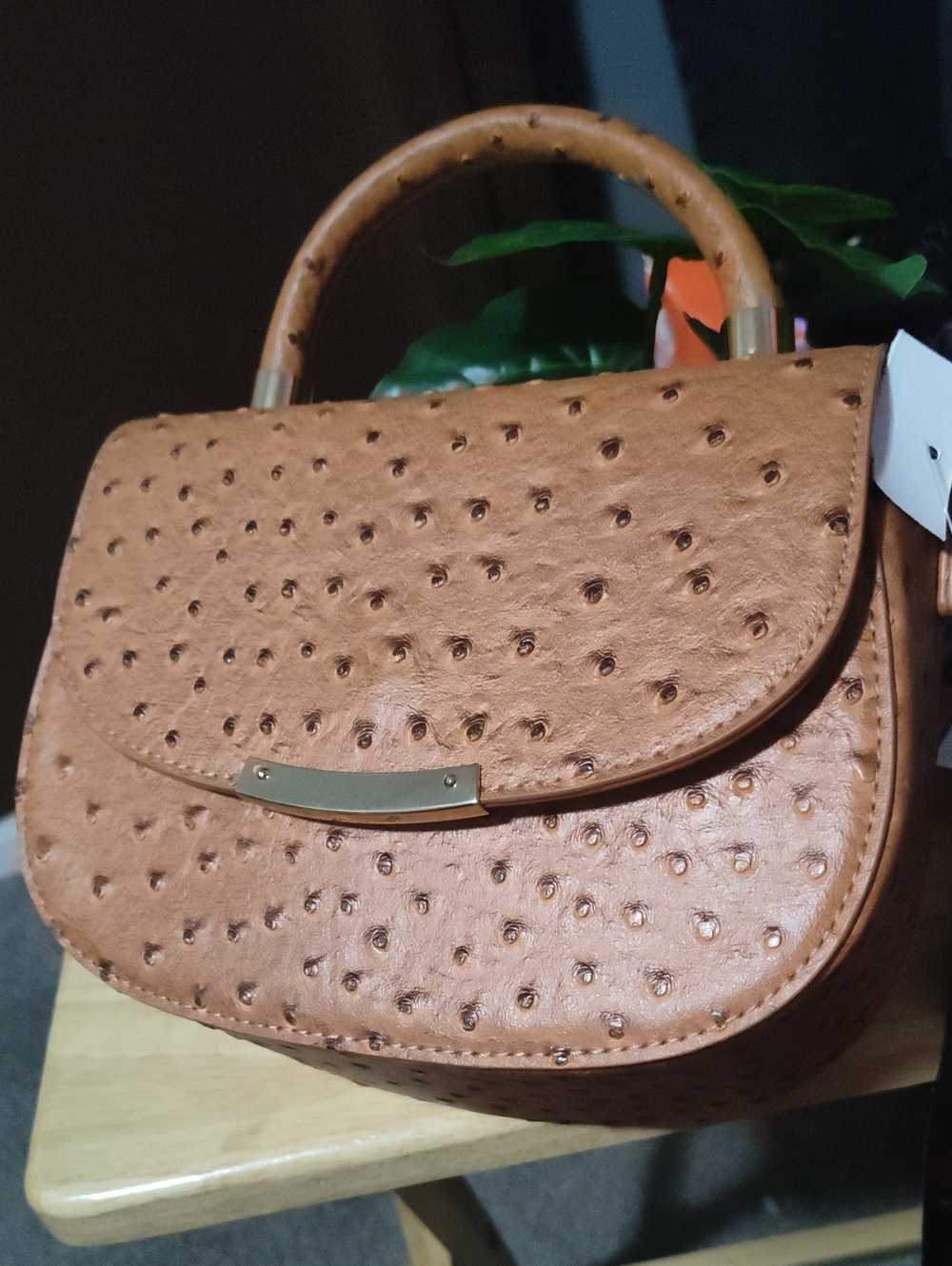 Cato Tan Faux Ostrich Satchel with Gold Accent